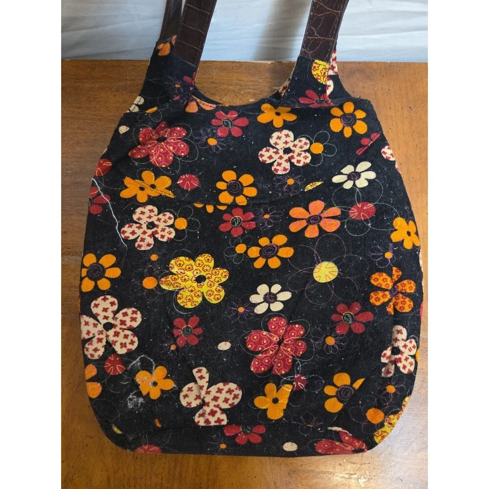 Mudd Shoulder Tote Bag Black Floral Corderoy Purse Boho Hippie Grunge Y2K Vntg